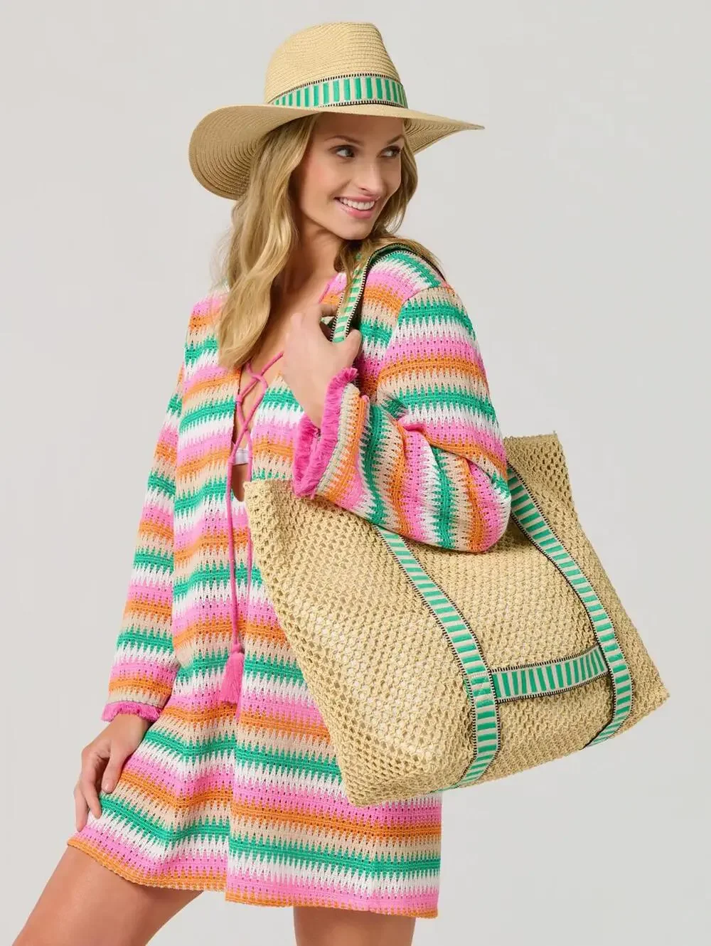 Beach Bag Shiraleah Green Hat and Tote Set, Natural Dorian Travel Beach Bag - Picture 4 of 9